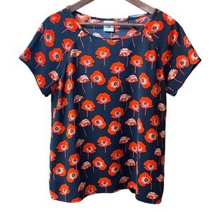 Cabi Short Sleeve Blouse Flanders Black w/ Orange Poppies Women’s Size Small